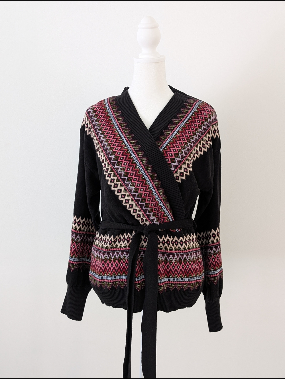 New York & Company Sweater Women L Black Geometric Pattern Knit Cardigan Belted